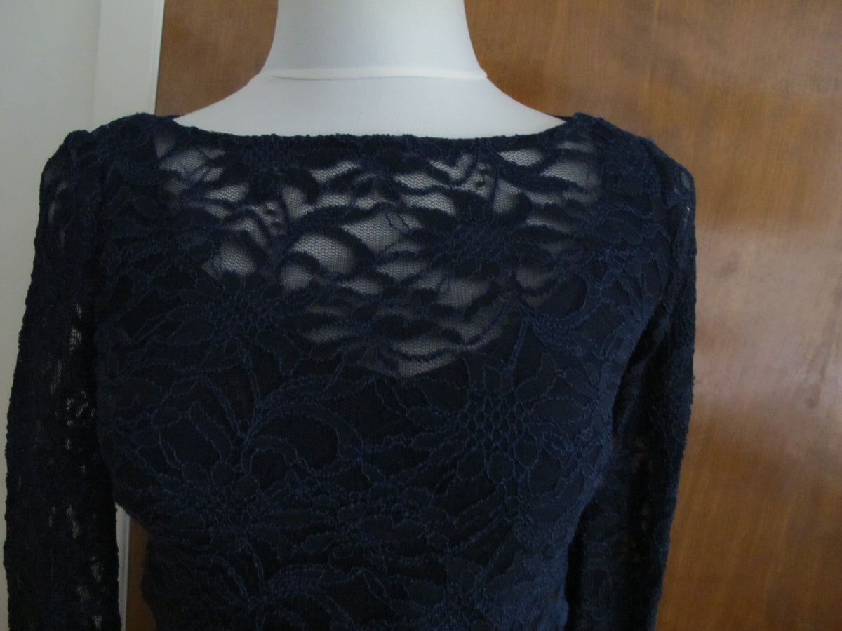 Ralph Lauren  women navy bodice overlay fabric lace crafted evening NWT dress 2 