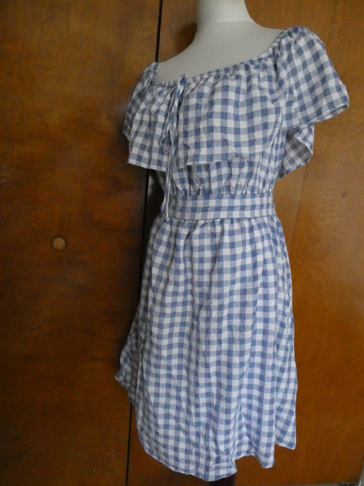 Anthropologie 11-1 Tylho Off-The-Shoulder Dress Plaid Gingham Blue/White XLarge