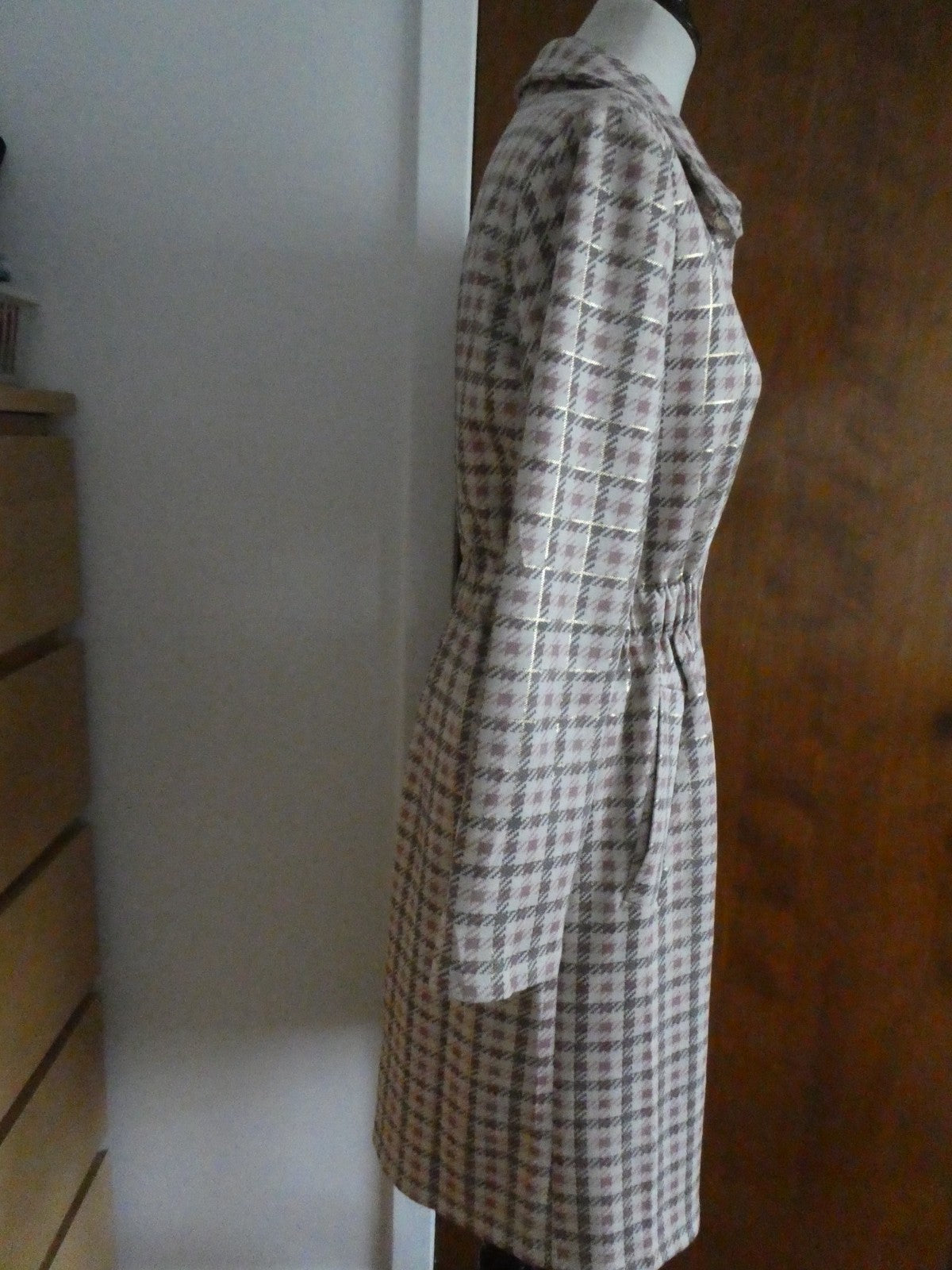 Aliceblue Women’s Plaid Long Jacket Coat Gray Pink Gold Snap Stretch Size Small