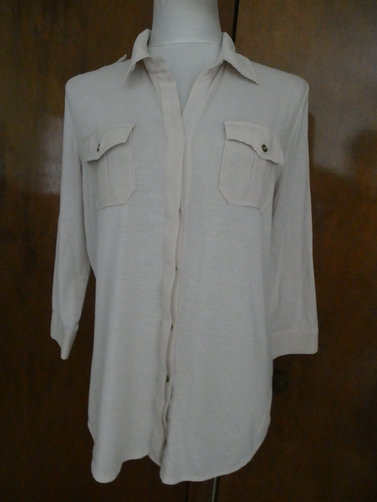 Poof Ivory Roll-Tab Long Sleeve Button Down Blouse Top Large
