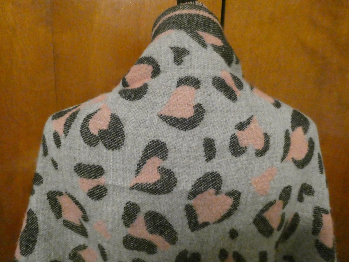 Juicy Couture Leopard Heart Print Scarf 72"x22" Gray Pink Logo Fringe Wrap