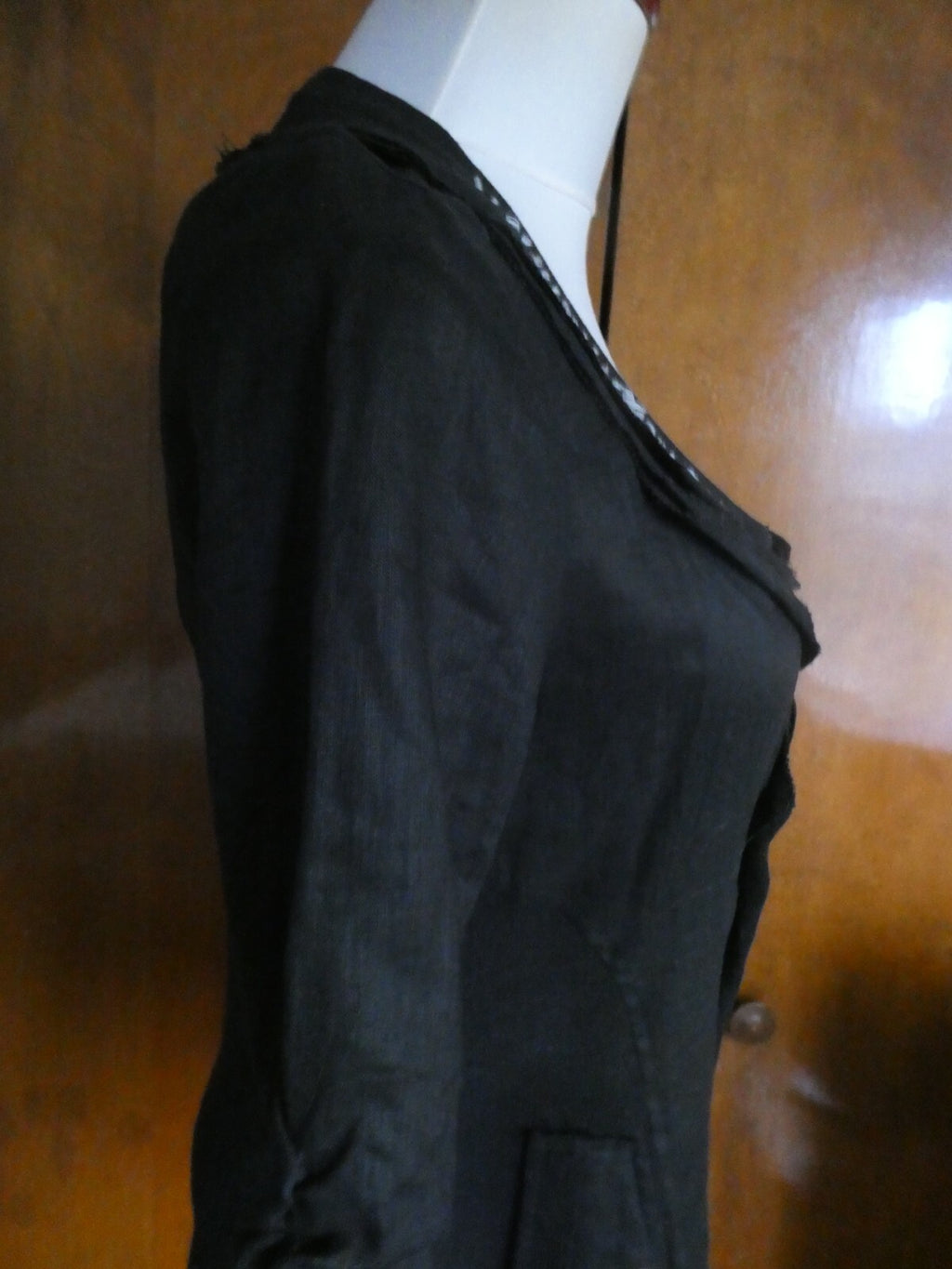 Pink Phoenix Women Black 100% Linen Small 3/4 Sleeve, Button Up, Semi Sheer Top