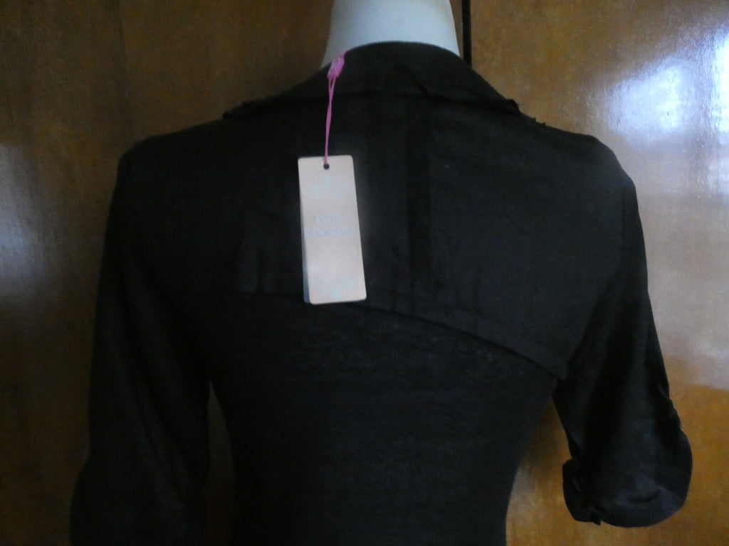 Pink Phoenix Women Black 100% Linen Small 3/4 Sleeve, Button Up, Semi Sheer Top