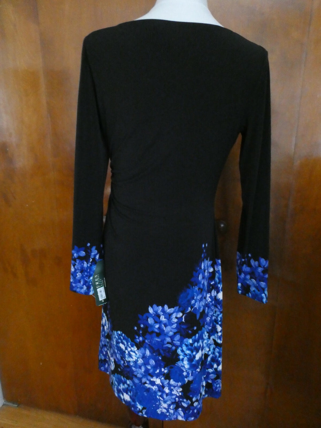 Ralph Lauren women black/blue floral lined stylish gathered long sleeve dress  
