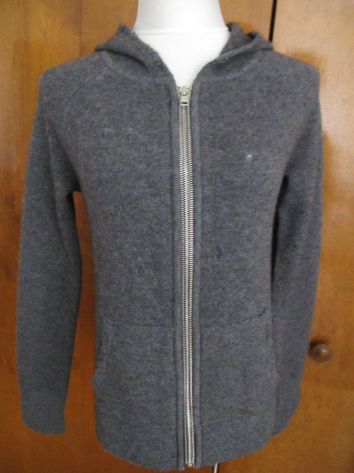 Aqua Women's Gray Cashmere Distressed Attached Hood Full Zipper Sweater XS New