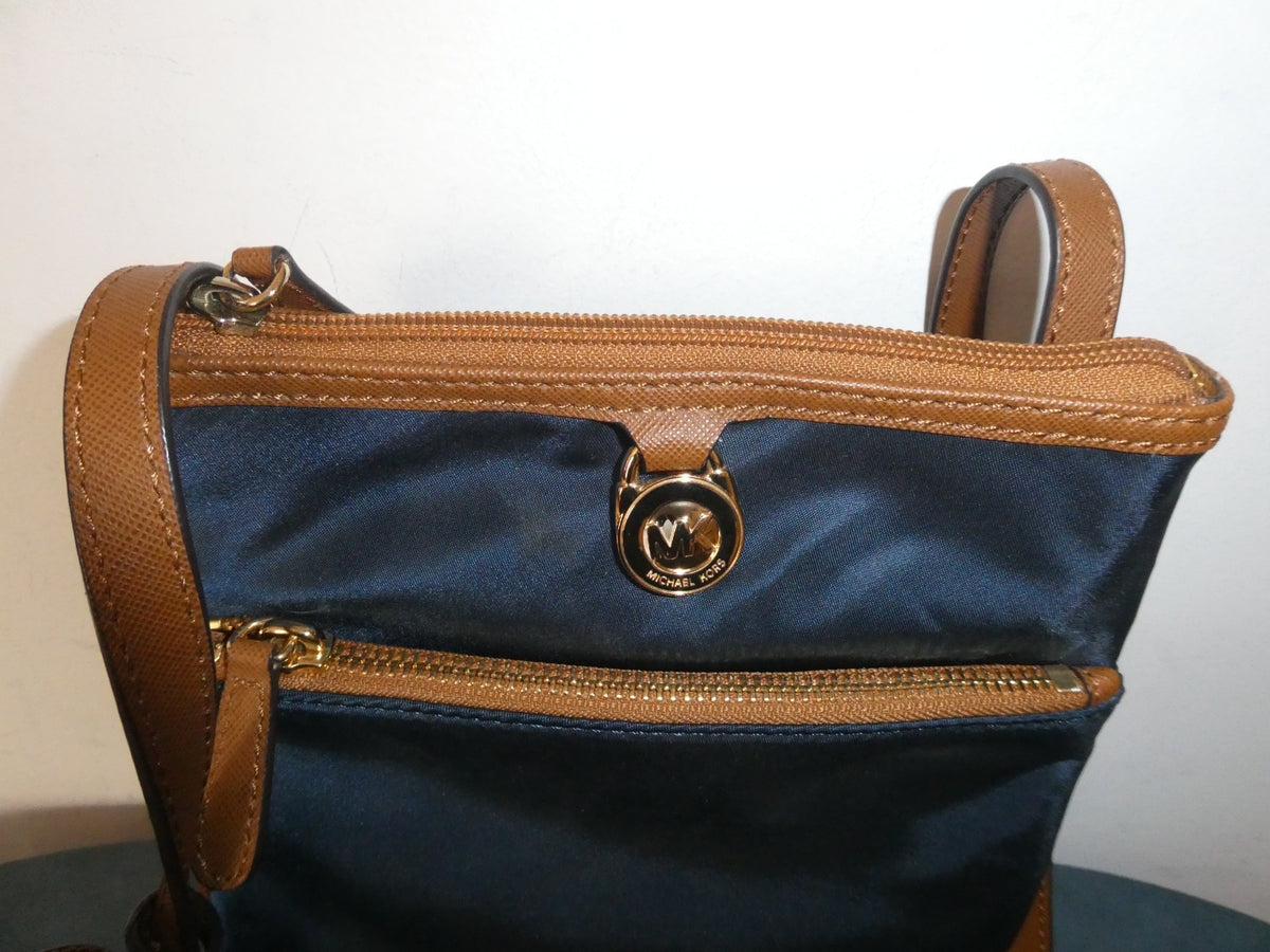 Michael Kors Navy Nylon Crossbody Bag Brown Trim 5 Pocket Gold Tone EUC