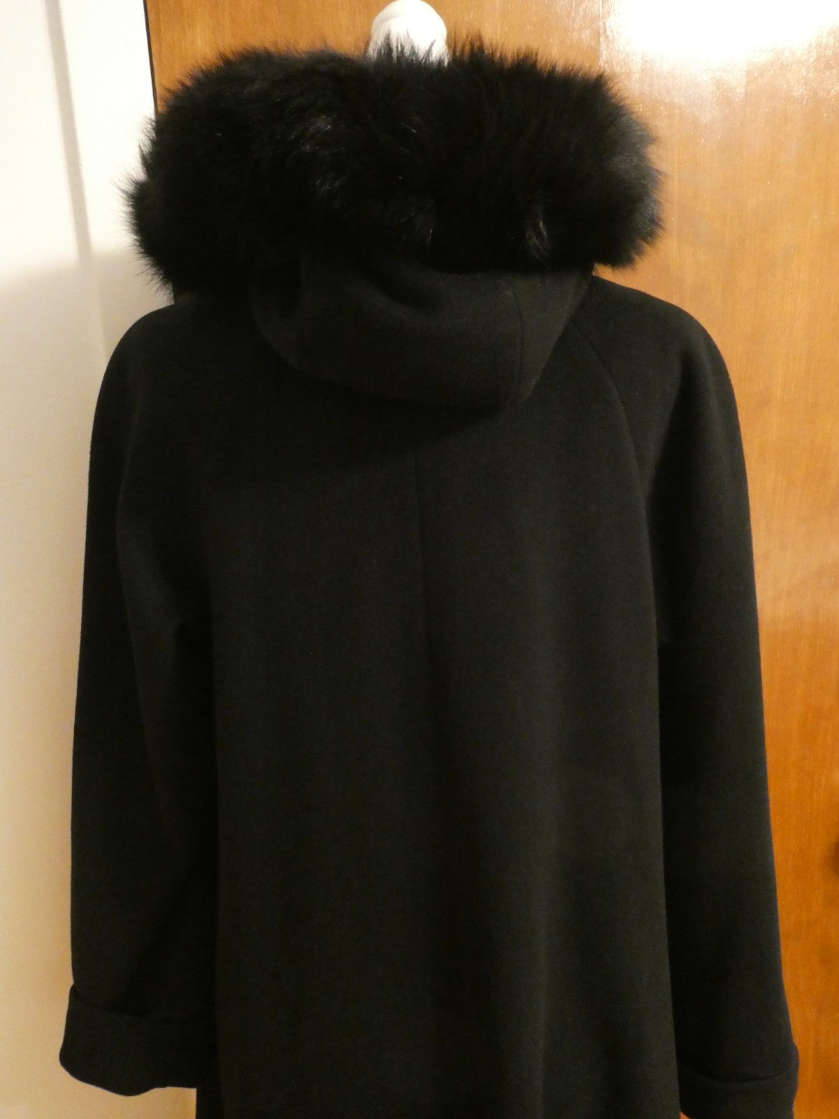 J.G HOOK Women Black 100% Wool A-Line Hood Fox Fur Trim Winter Coat 6 (fit 8-10)