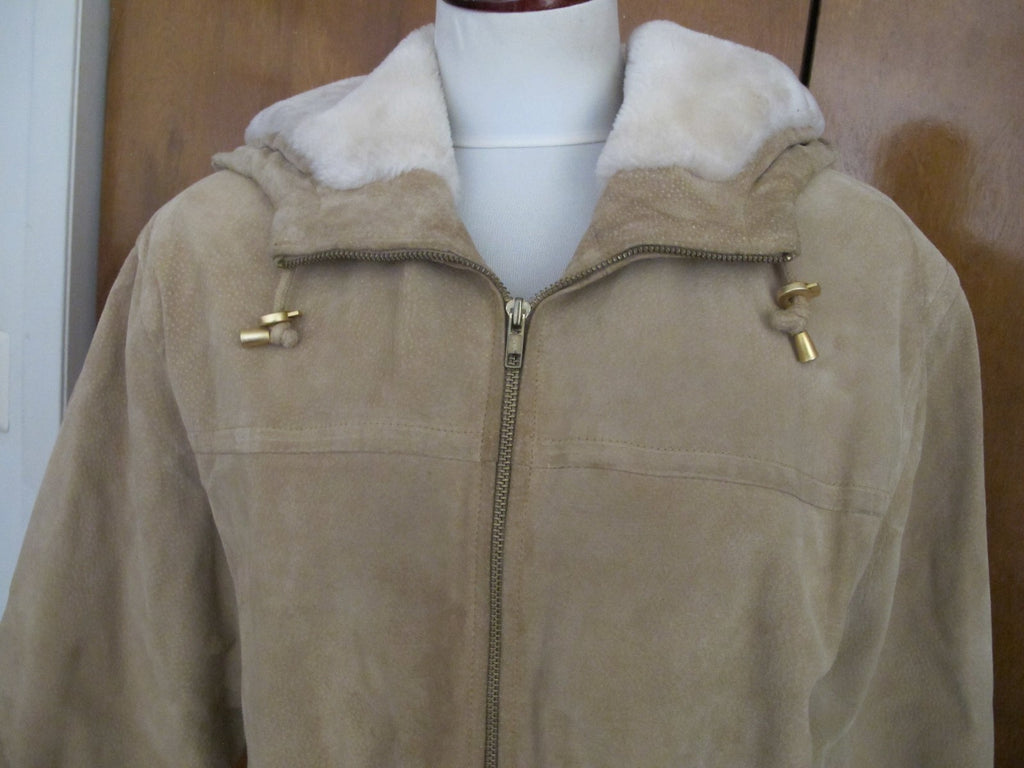 Women's Colebrook Beige Hooded Leather Winter Coat Medium