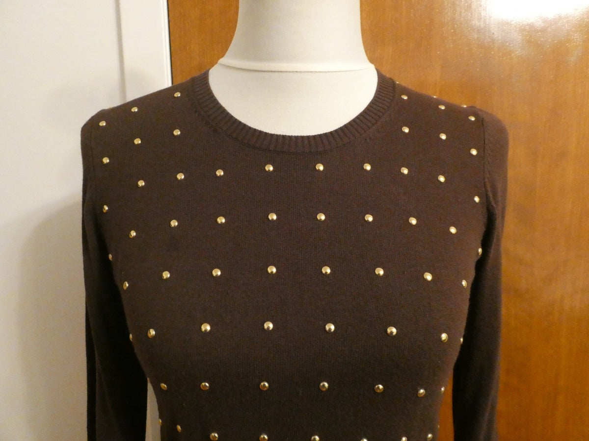 Michael Kors Studded Sweater Dress Size 2 Brown Gold Studded Long Sleeve Bodycon