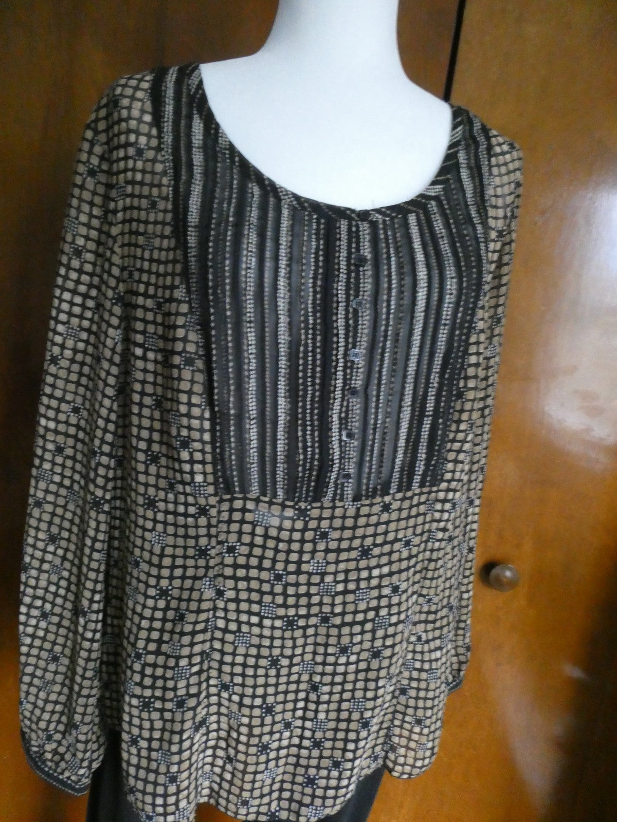 Sigrid Olsen Graphic Designer Blouse Women 12 Black Sheer Geometric Boho Top
