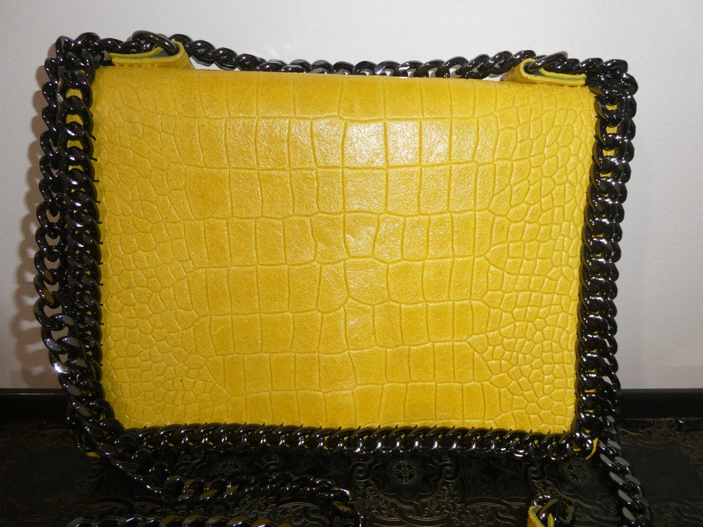 Italian Genuine Leather Chain Shoulder Crossbody Bag 9x7x 2 Mustard Yellow Italy