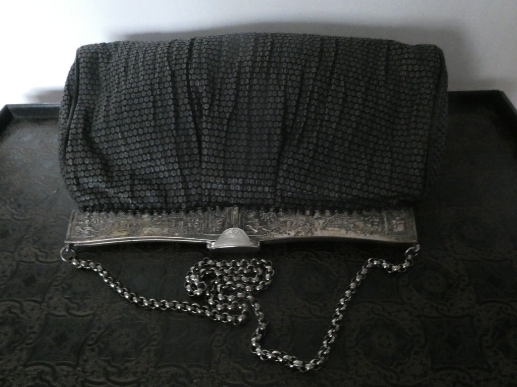 Grace Ann Agostino Vintage Womens Black Woven Leather Bag Purse Silver Tone Deco