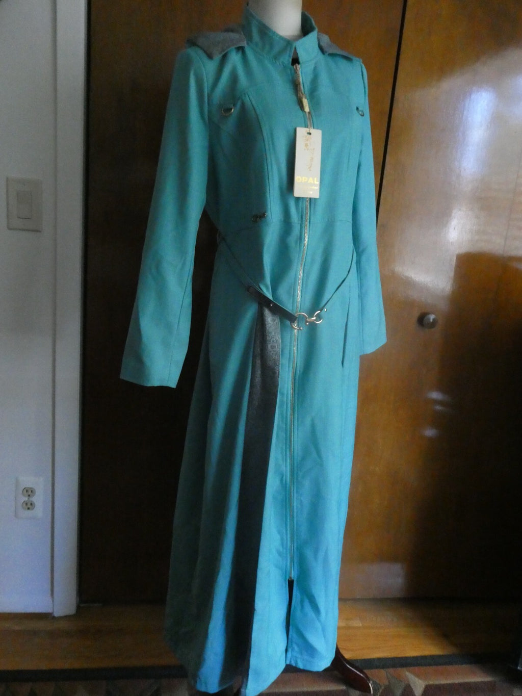 Opal Islamic women light sea green lined full zip belted long hooded coat US14