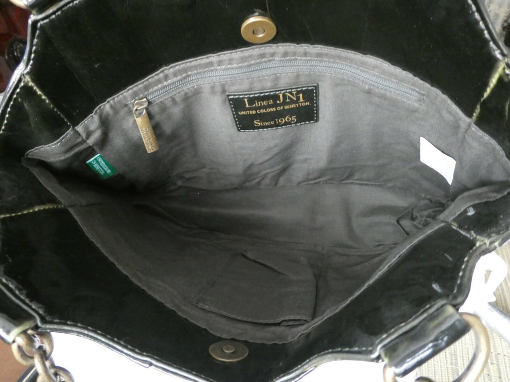 Linea JN1United Colors Of Benetton Dark Green Faux Patent Lined Handbag Purse 