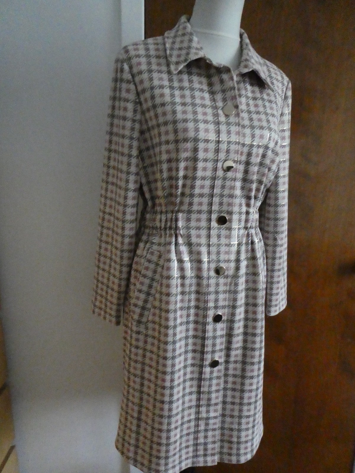 Aliceblue Women’s Plaid Long Jacket Coat Gray Pink Gold Snap Stretch Size Small