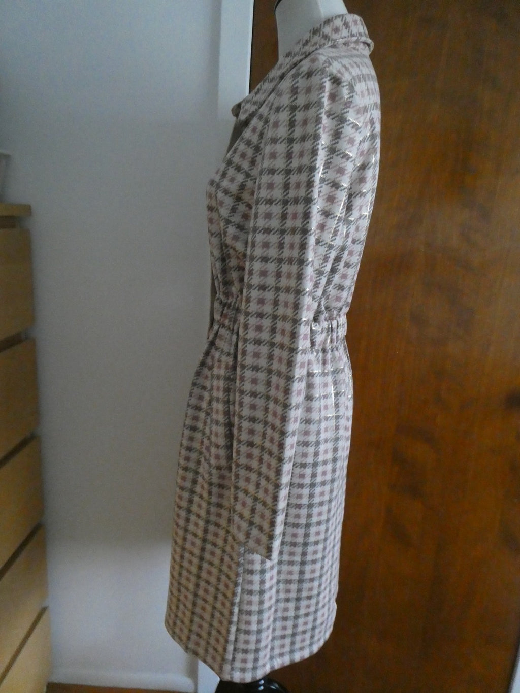 Aliceblue Women’s Plaid Long Jacket Coat Gray Pink Gold Snap Stretch Size Small