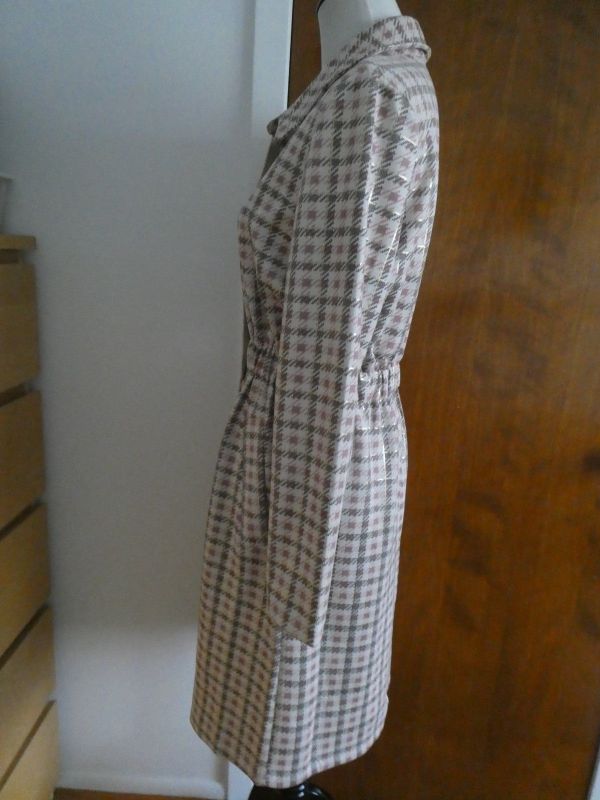 Aliceblue Women’s Plaid Long Jacket Coat Gray Pink Gold Snap Stretch Size Small