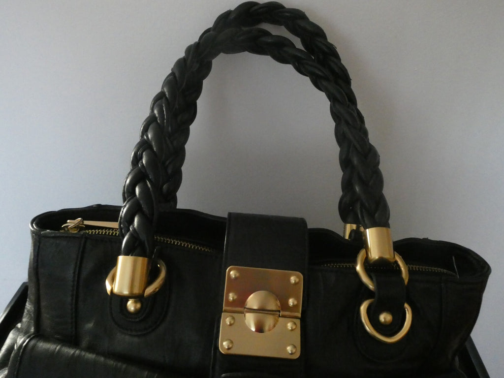 Steven by Steve Madden Women’s Black Genuine Leather Shoulder Bag Gold Turn Lock