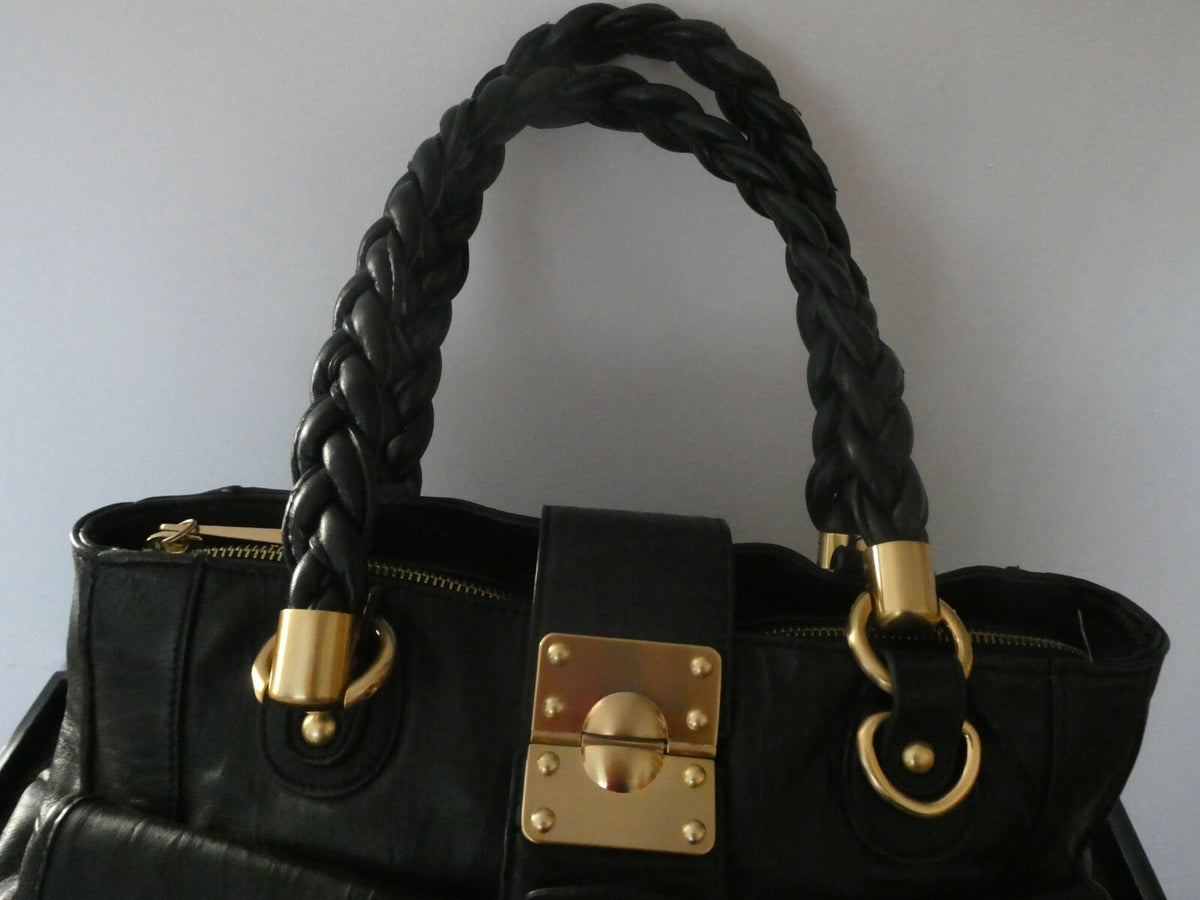 Steven by Steve Madden Women’s Black Genuine Leather Shoulder Bag Gold Turn Lock