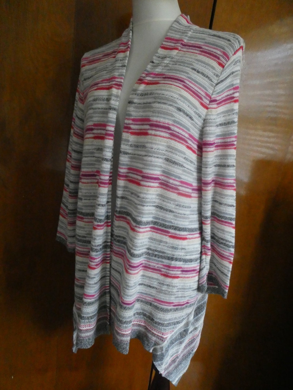Nic + Zoe Women Linen Blend Open Front Multicolor Long Sleeve Cardigan Large
