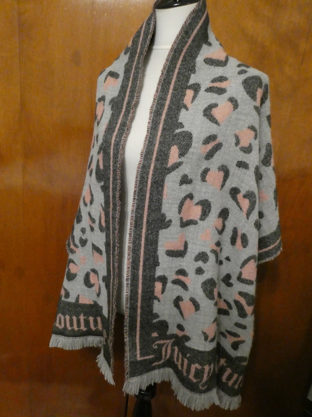Juicy Couture Leopard Heart Print Scarf 72"x22" Gray Pink Logo Fringe Wrap
