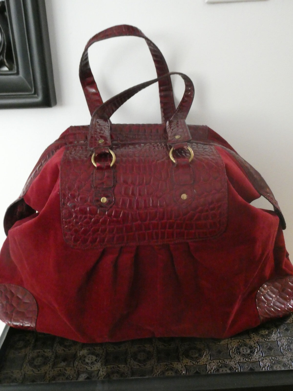 Unbranded Women's Burgundy Velour/Leather Xlarge Bag