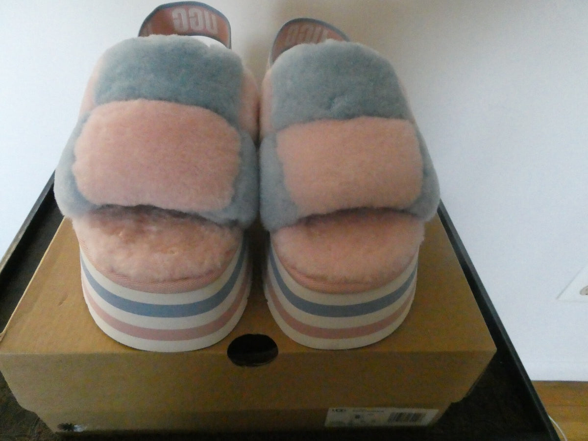 UGG WOMEN’S PINK/BLUE DISCO PASTEL STRIPE COMBO FLUFF SLIDE SANDALS US SIZE 8