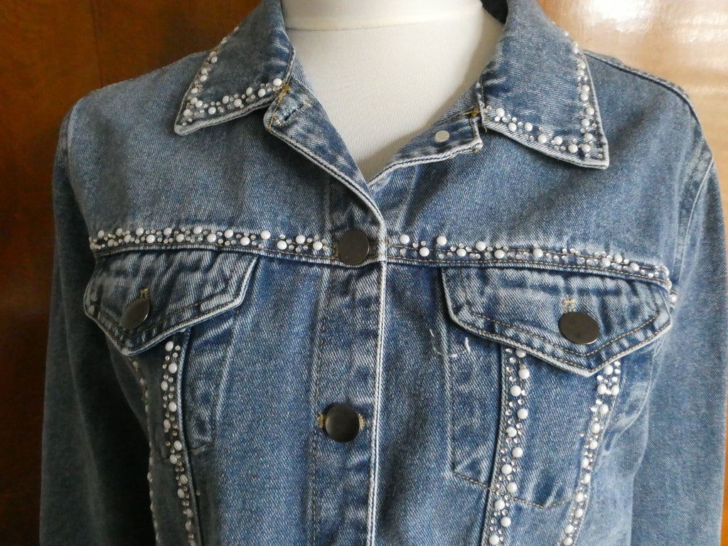 Alexis Taylor Women 100% Cotton Beaded Jeans Blazer Jacket Blue XLarge (fits L)