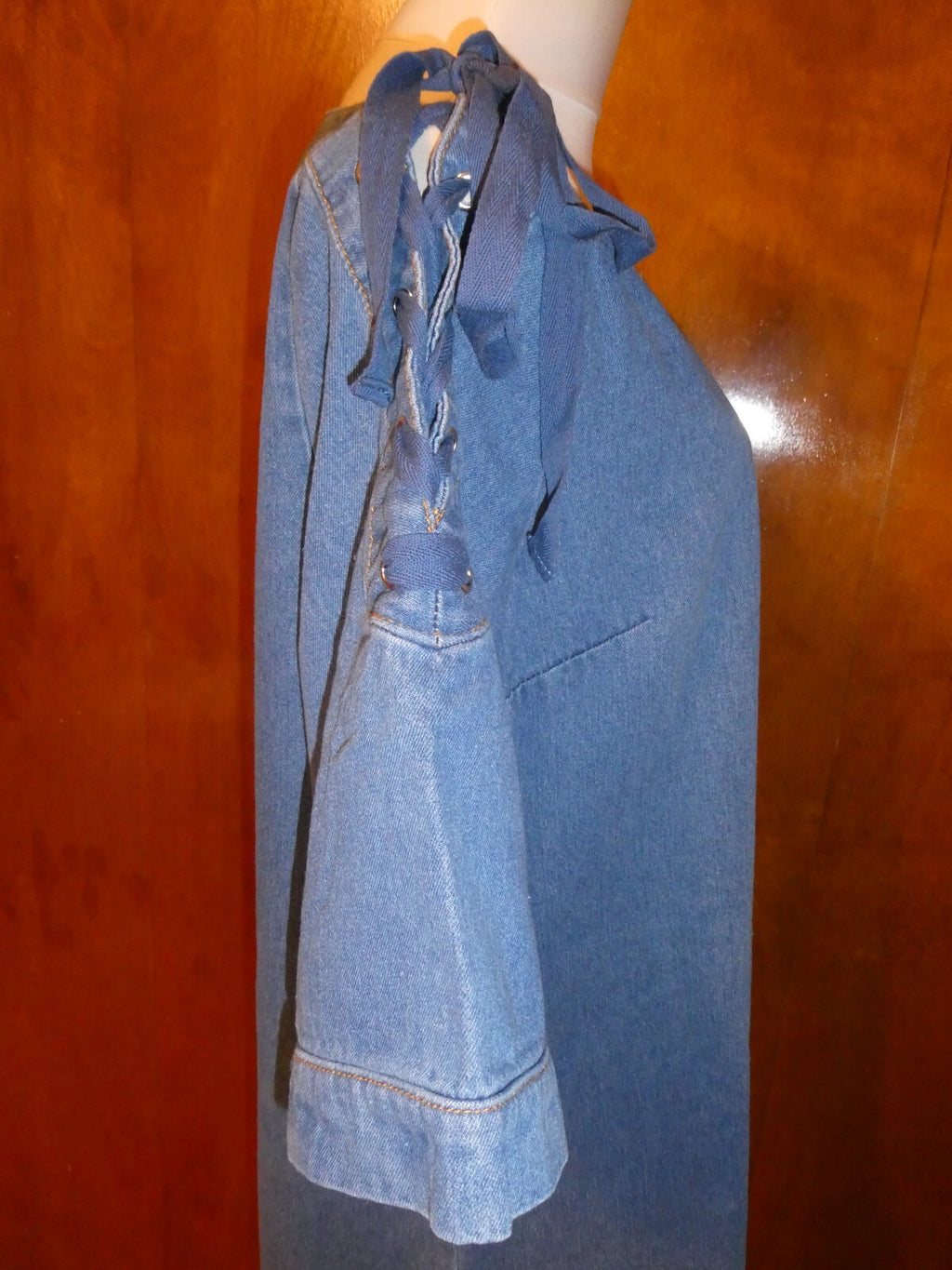 Anthropologie Maeve Denim Shift Dress Lace Up Tie Sleeves Large