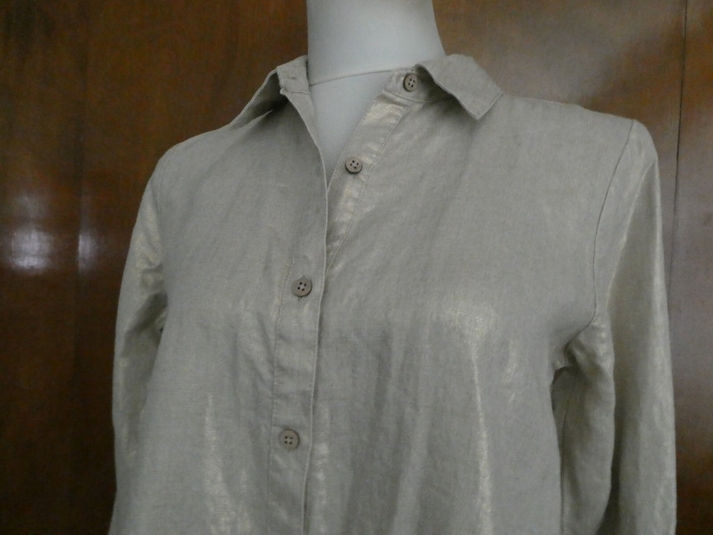 Kate Hill Woman LINEN Button-Down Shirt Top Glimmer Color Size Small
