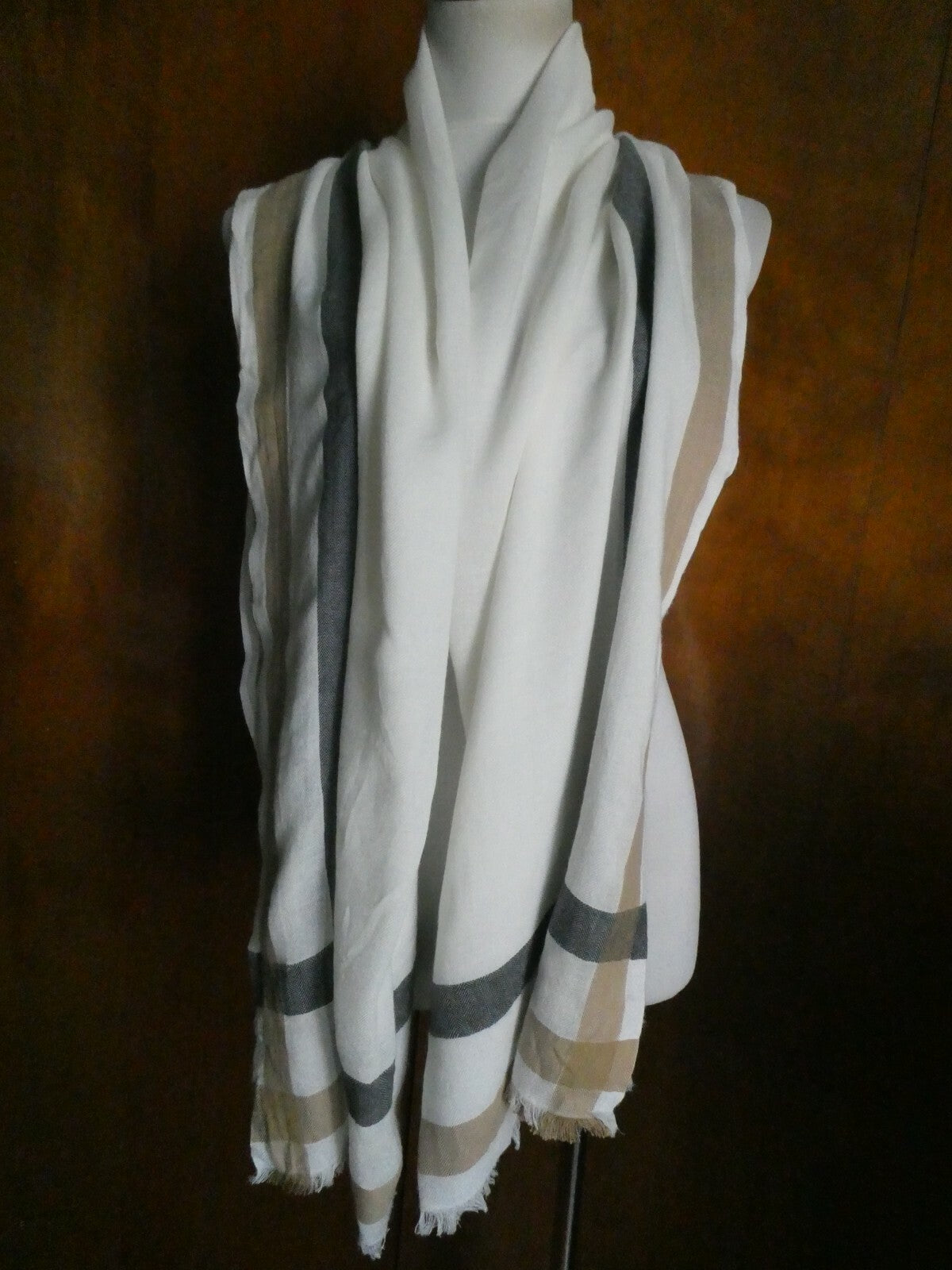TALBOTS Women's Cotton/Viscose Soft Striped Wrap Scarf Ivory/Brown 28" by 70"