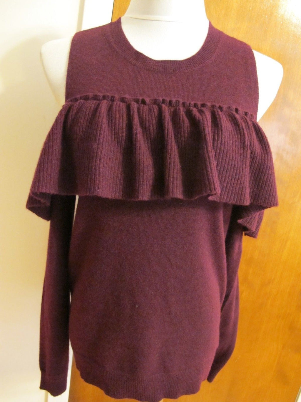 Aqua Women's Burgundy Cashmere Soft Cold-Shoulder Ruffle Ribbed Small