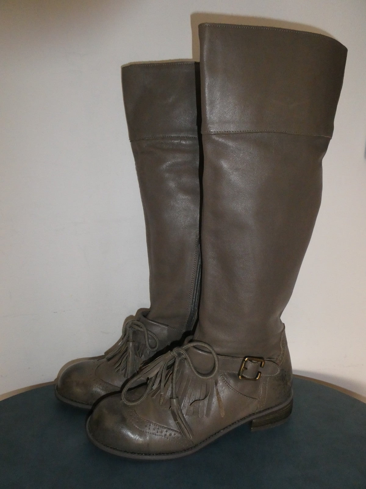 Lucky Penny Tall Fringe Boots Women’s 7.5B Gray Taupe Leather Knee High Boho