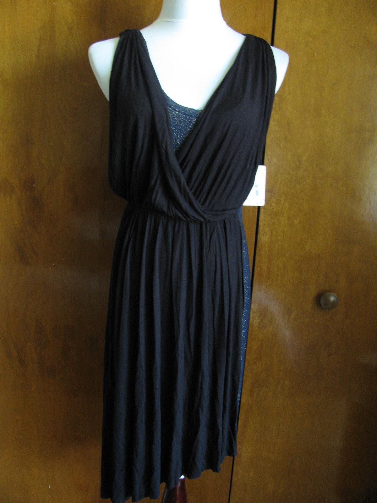 Free People Women Draping Over Black Combo Soft Rayon Dress Small 
