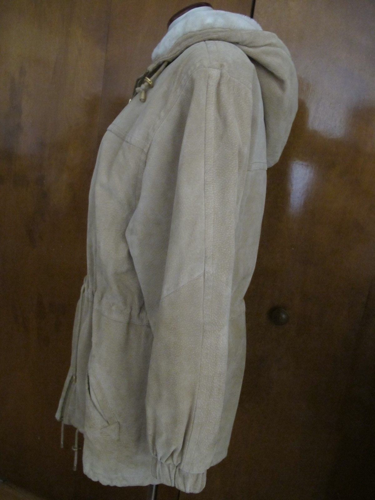 Women's Colebrook Beige Hooded Leather Winter Coat Medium