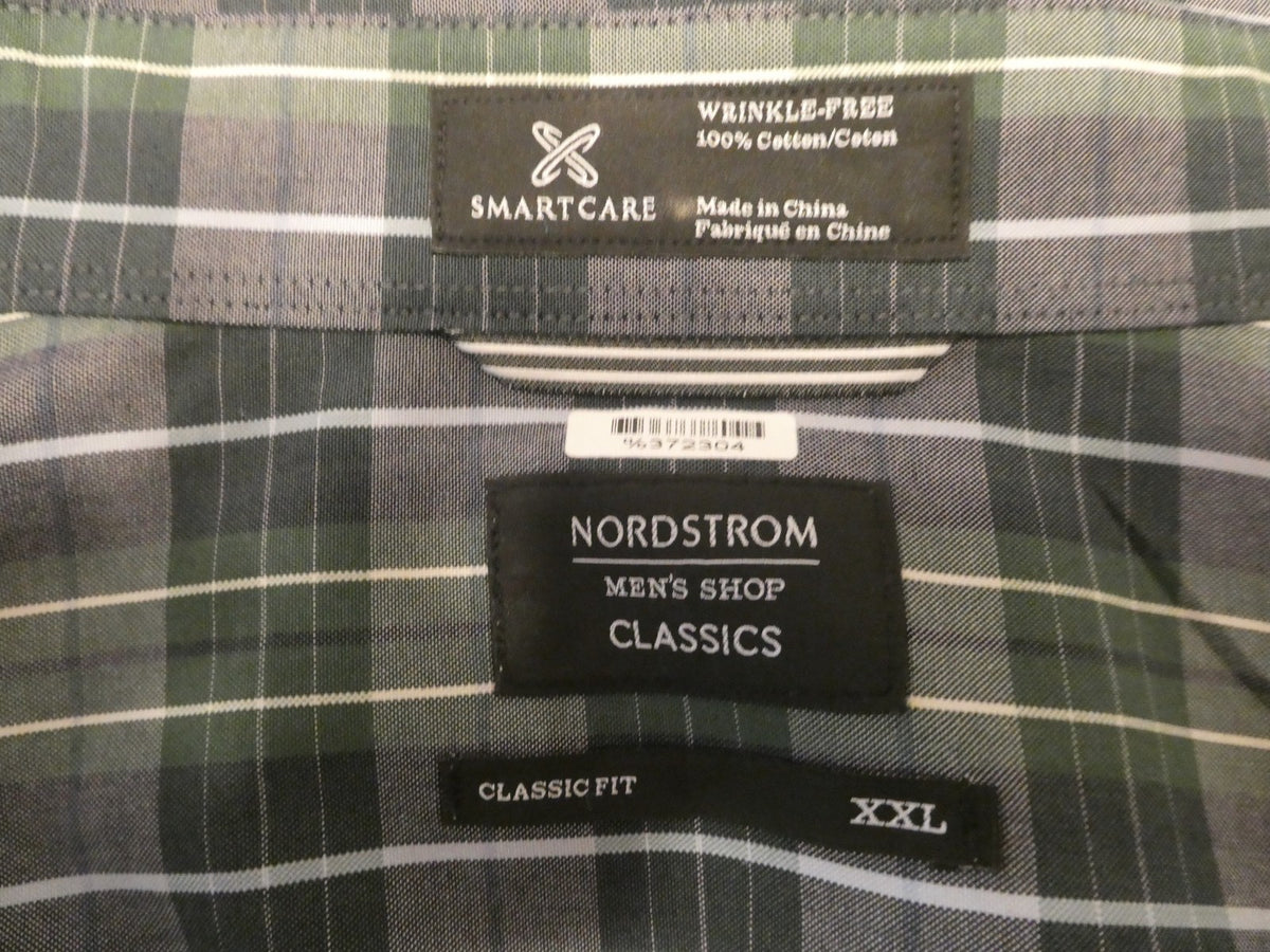 Nordstrom Men Shop Classic XXL Green Plaid Shirt Cotton Wrinkle-Free Classic Fit