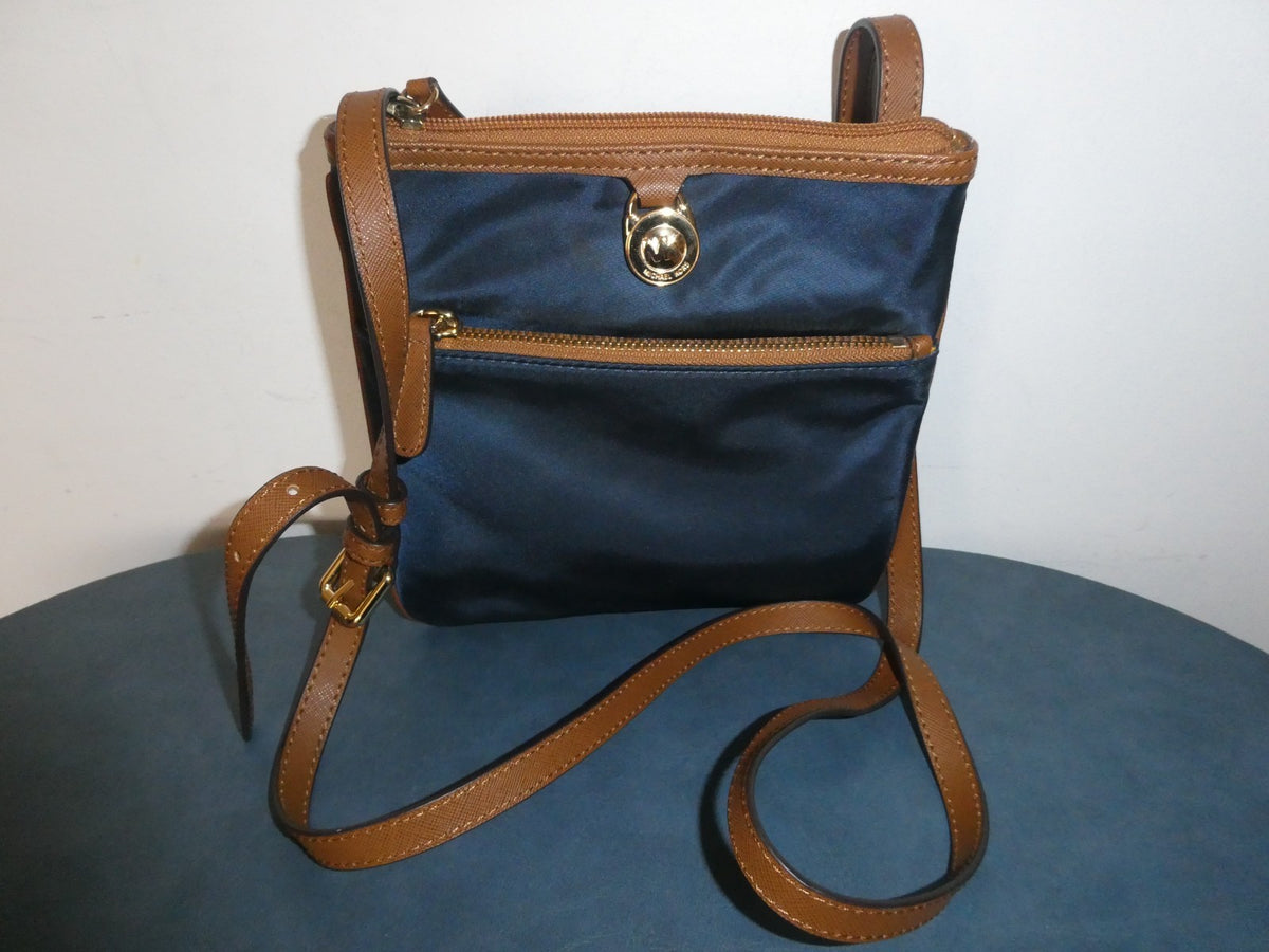 Michael Kors Navy Nylon Crossbody Bag Brown Trim 5 Pocket Gold Tone EUC