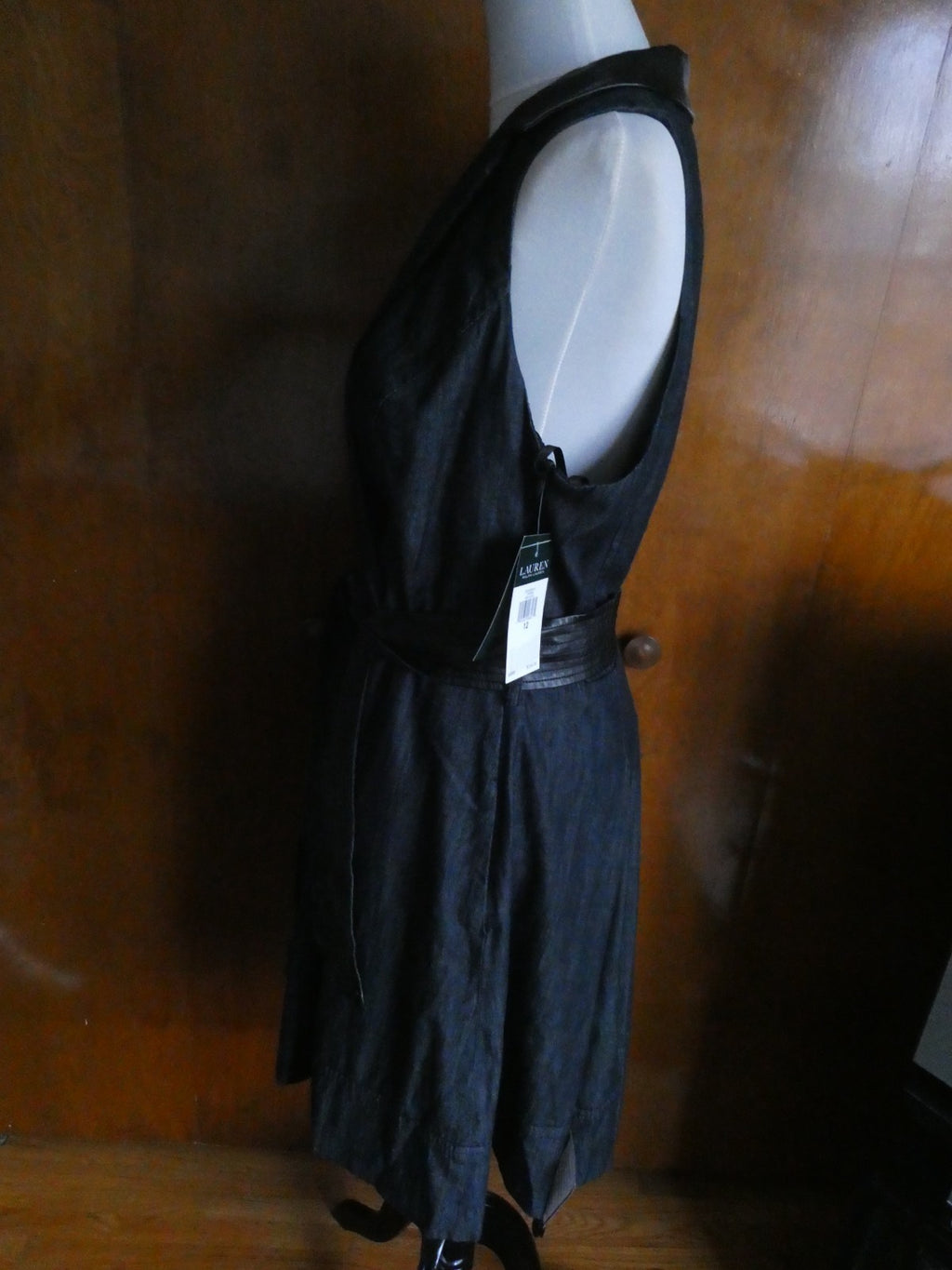 Lauren Ralph Lauren Dress Sz 12 Black Sleeveless Belted Leather Trim A-Line NWT