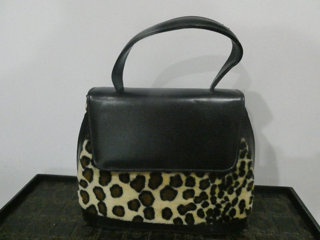 Unbranded Women Black Velour/Leather Leopard Print 2 compartments Purce Handbag