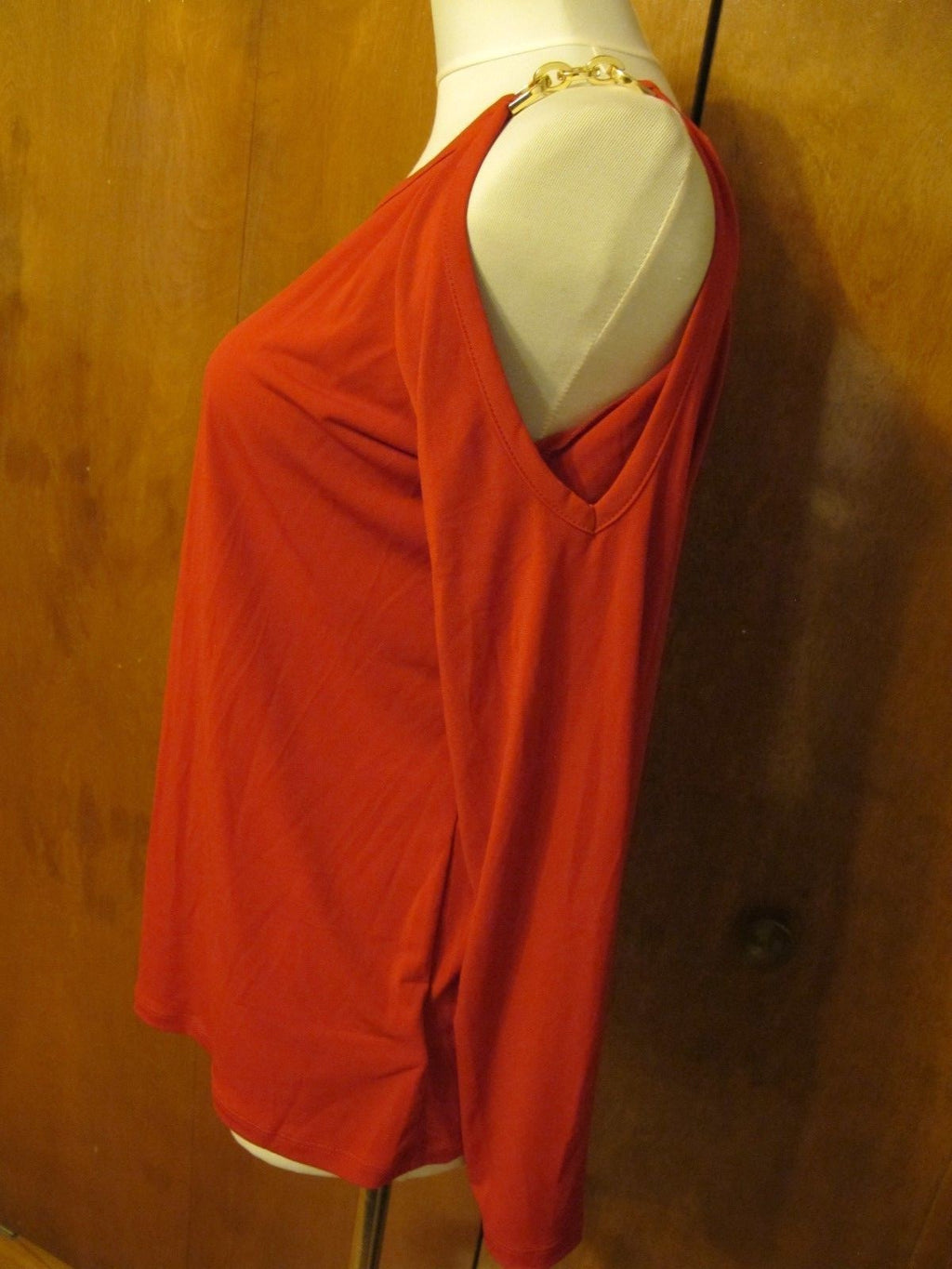 Michael Kors women’s red chain trim gold shoulder top New