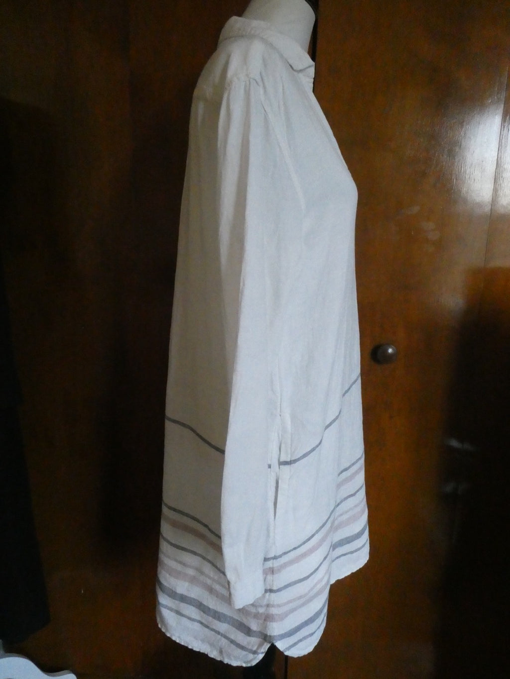 Tahari 100% Linen Striped Tunic Dress White Long Sleeve Pockets Size Medium