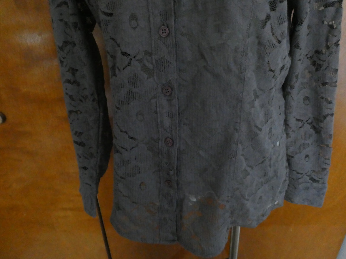 New York & Company women's gray fabric craft embroidered blouse Large