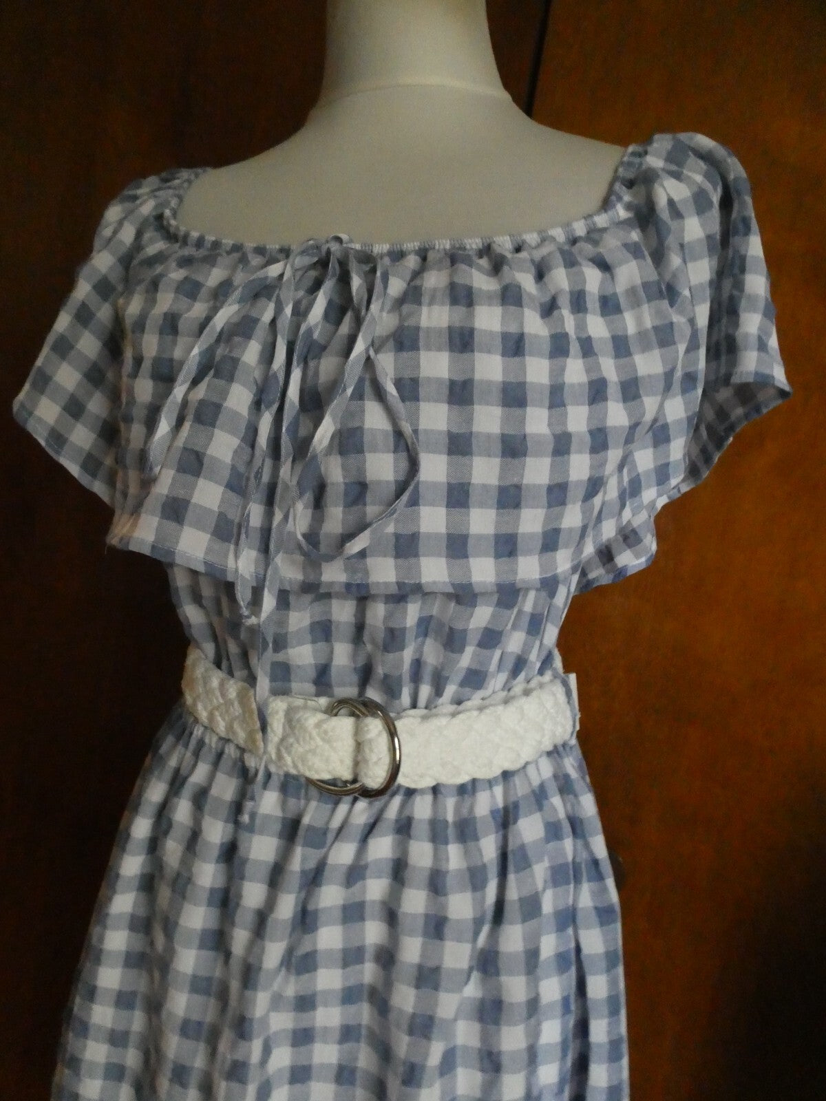 Anthropologie 11-1 Tylho Off-The-Shoulder Dress Plaid Gingham Blue/White Large