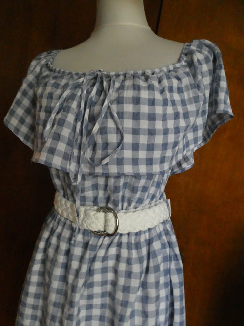 Anthropologie 11-1 Tylho Off-The-Shoulder Dress Plaid Gingham Blue/White Large