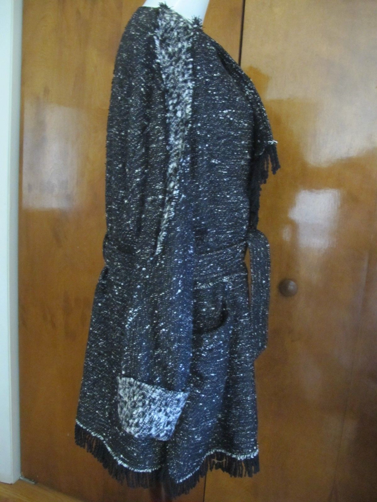 Free People Womens Black Combo Lined Fringe Wrap Coat Medium NWT fits Large