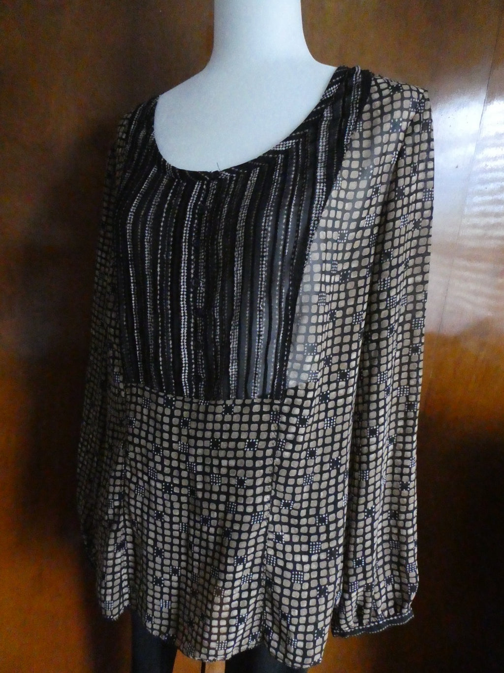 Sigrid Olsen Graphic Designer Blouse Women 12 Black Sheer Geometric Boho Top