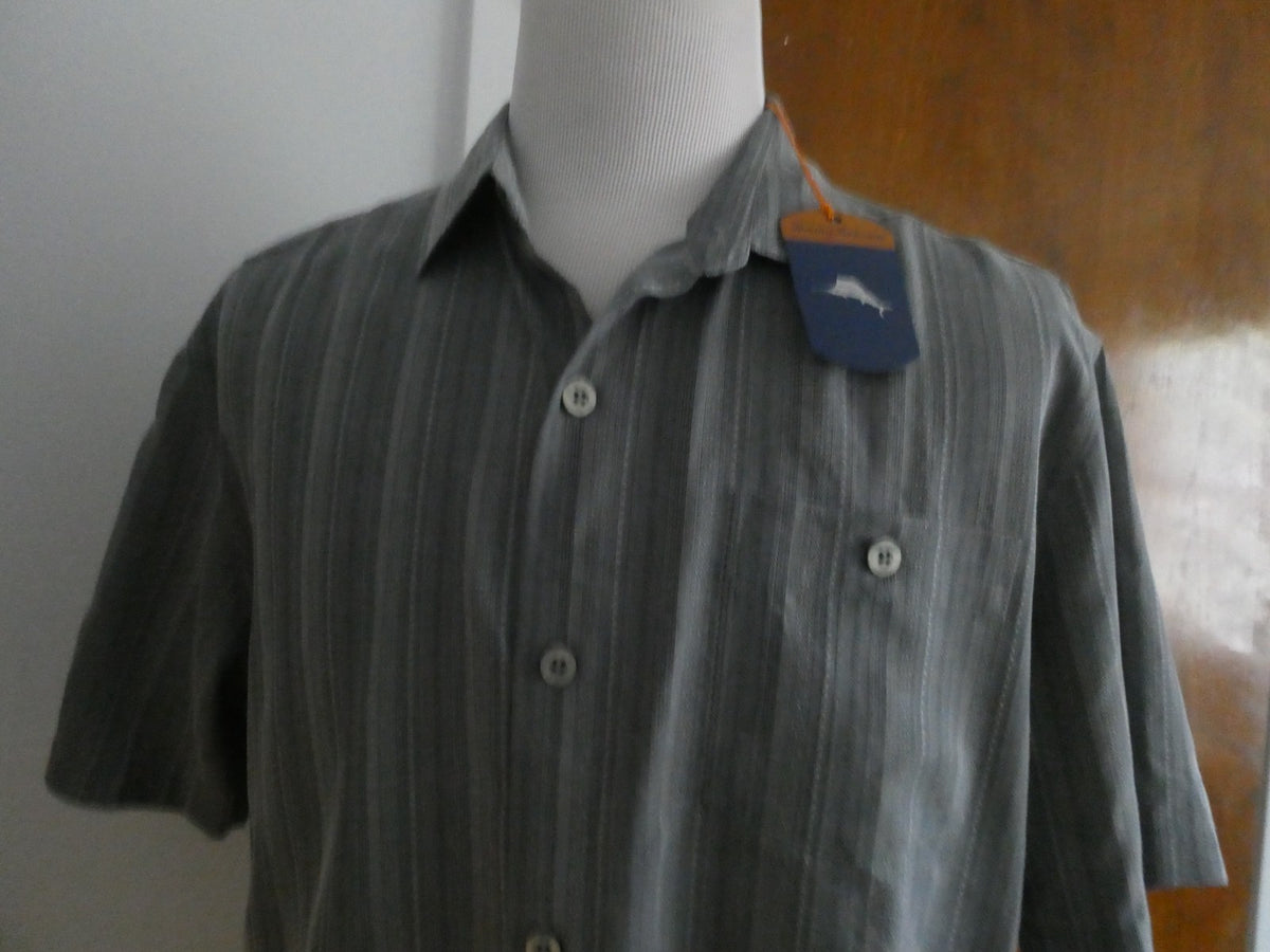Tommy Bahama Men's Large 100% Silk Gray Striped Shirt Sleeve Button Front Shirt