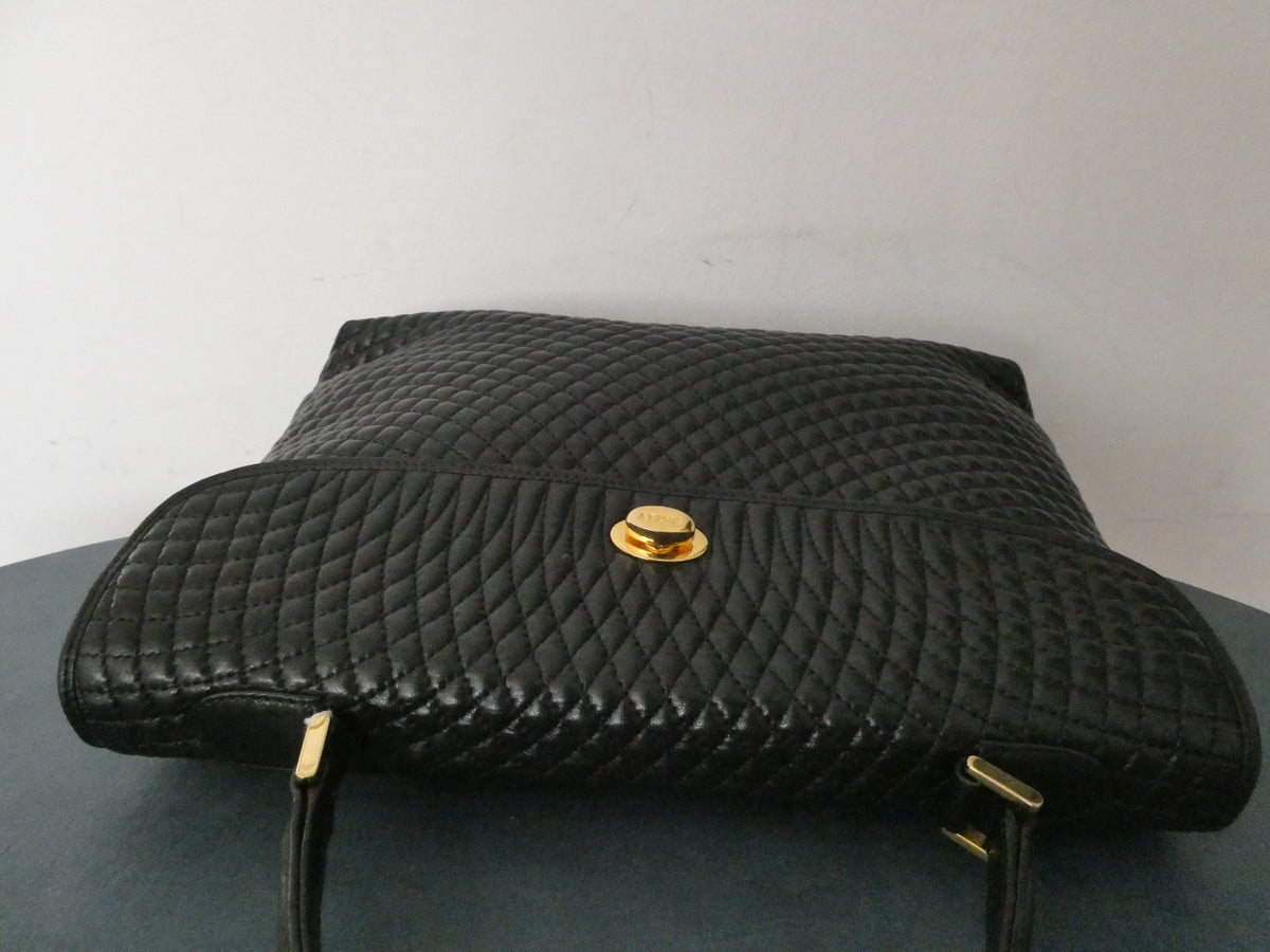 Vintage Bally Women's Black Quilted Leather Top Handle Handbag Gold Tone Italy