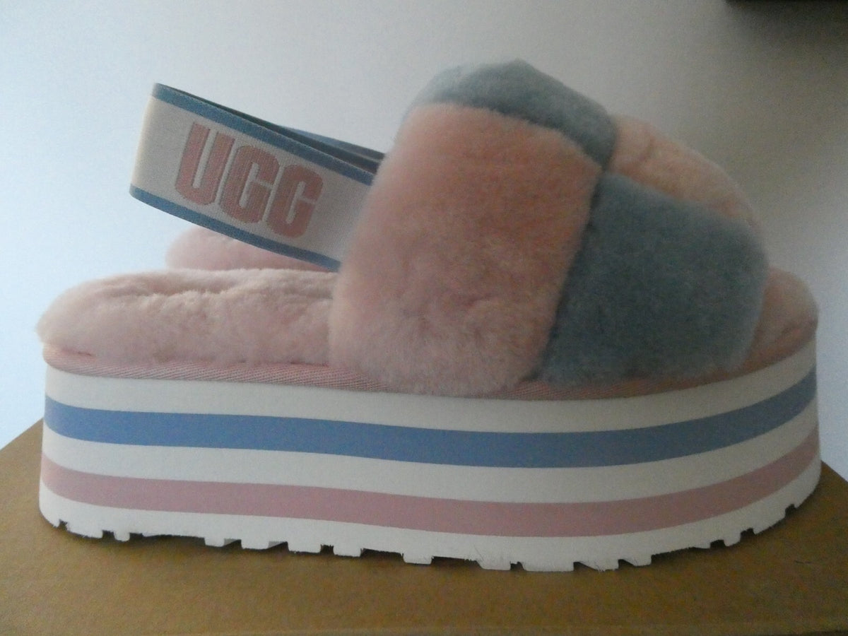 UGG WOMEN’S PINK/BLUE DISCO PASTEL STRIPE COMBO FLUFF SLIDE SANDALS US SIZE 8