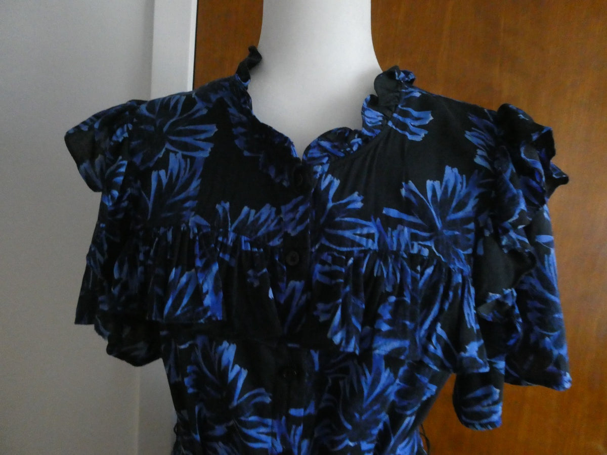  Who What Wear Dress XL Black Blue Floral Ruffle Puff Sleeve Button Front Cotton